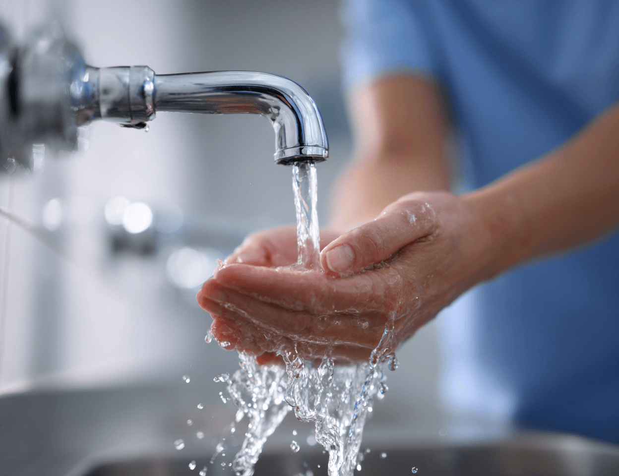 Hands washing under running water from a chrome faucet over a stainless steel sink.