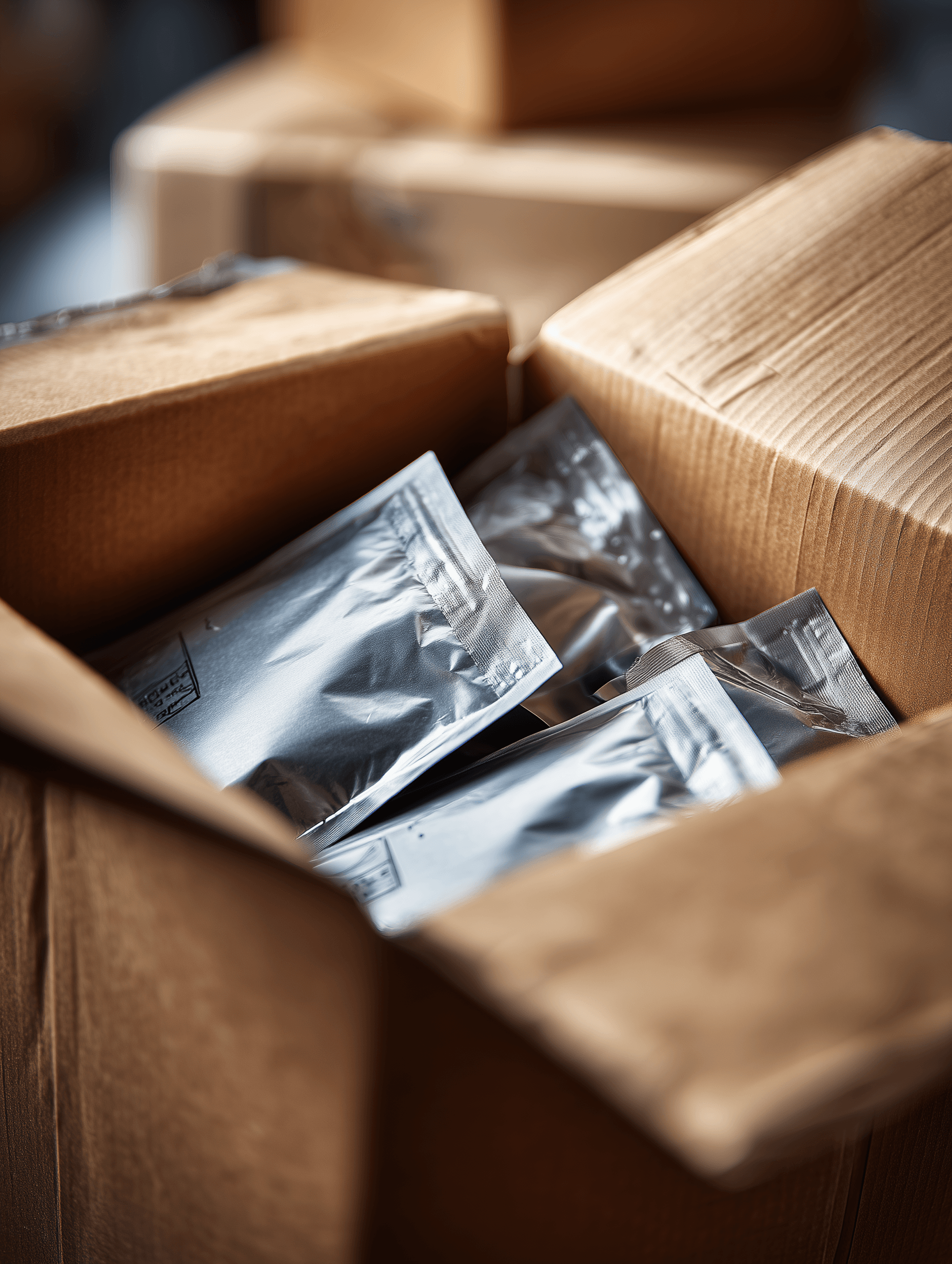 Open cardboard box filled with shiny silver sealed pouches ready for shipping.