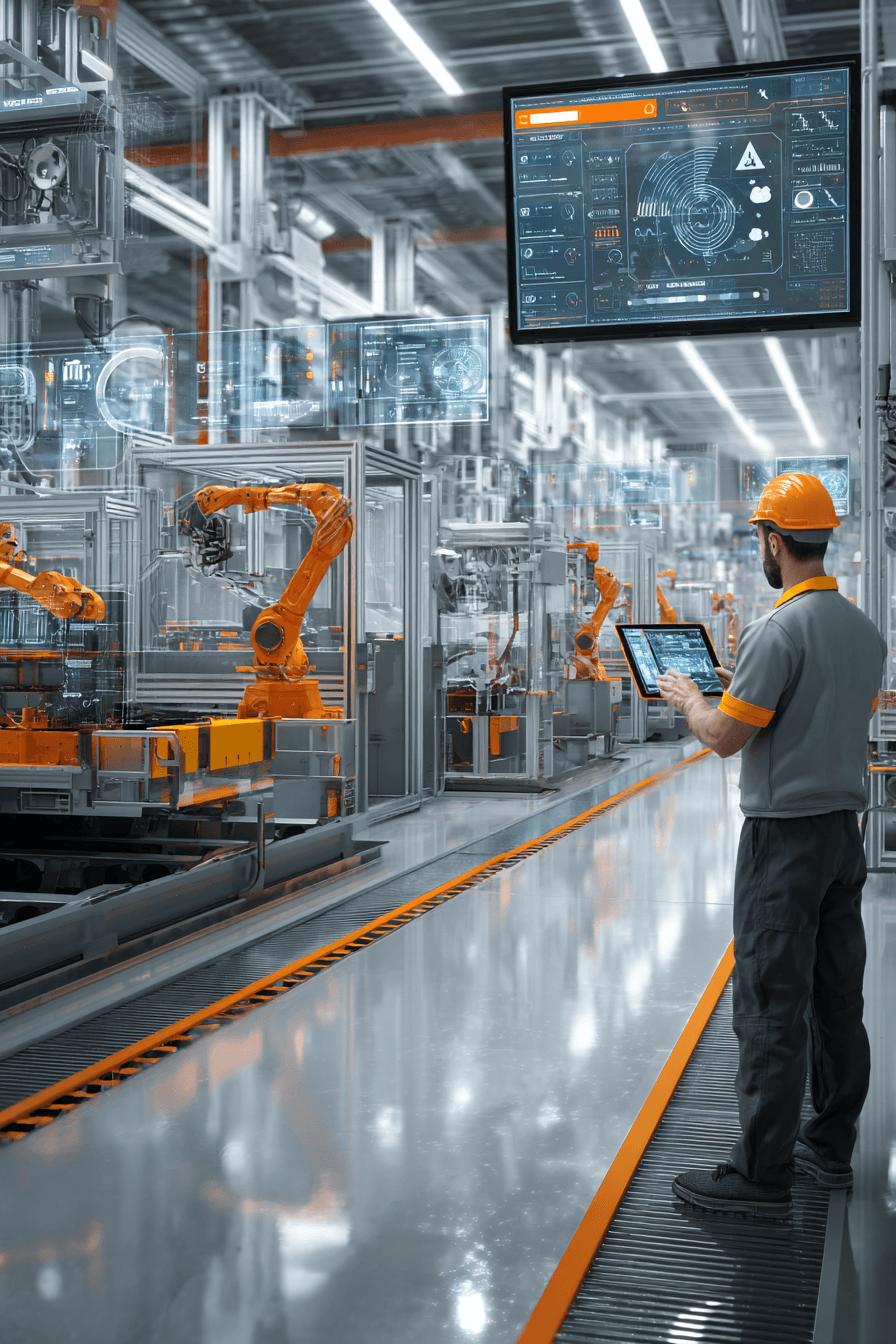 Man with tablet monitors data on a large screen in a robotic smart factory.