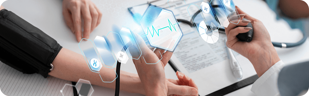 Doctor checks patient's blood pressure with digital health interface overlay.