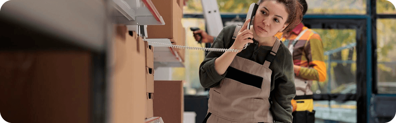A woman in an apron talks on her phone while another person measures boxes in a DIY store.